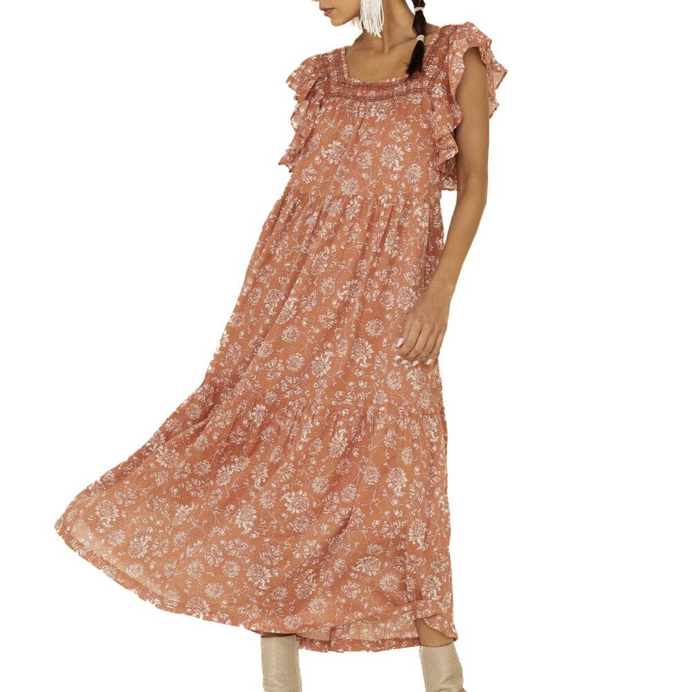 Free People Bonita Floral Print Flutter Sleeve Smocked Maxi Dress Size M - NWT